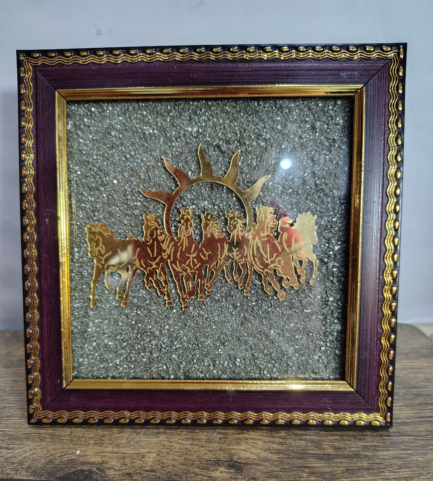 Pyrite plate with 7 horses and rising sun for positive energy, growth & wealth