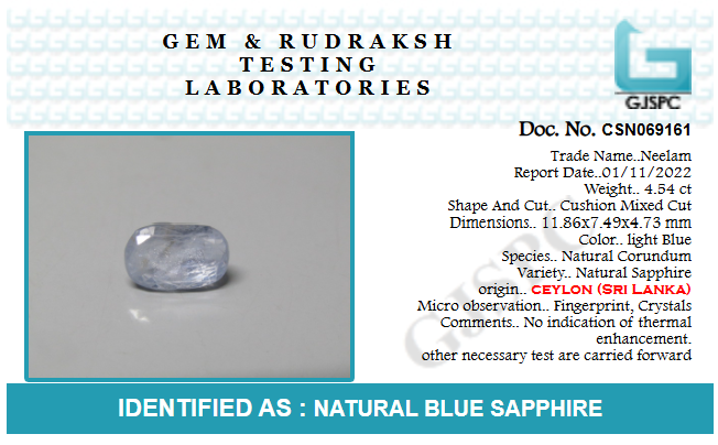 Certified Blue Sapphire (Neelam) stone Ceylon Untreated 4.5 Carats