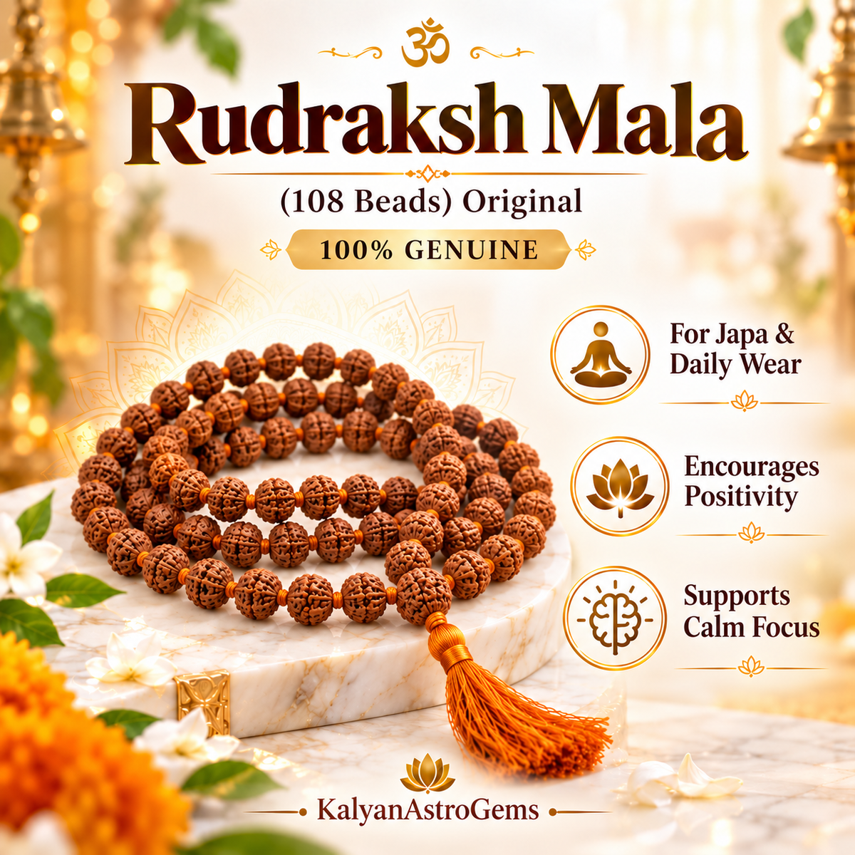 Rudraksha Mala 108 beads, equal-sized Sumeru – japa, positivity and focus | KalyanAstroGems