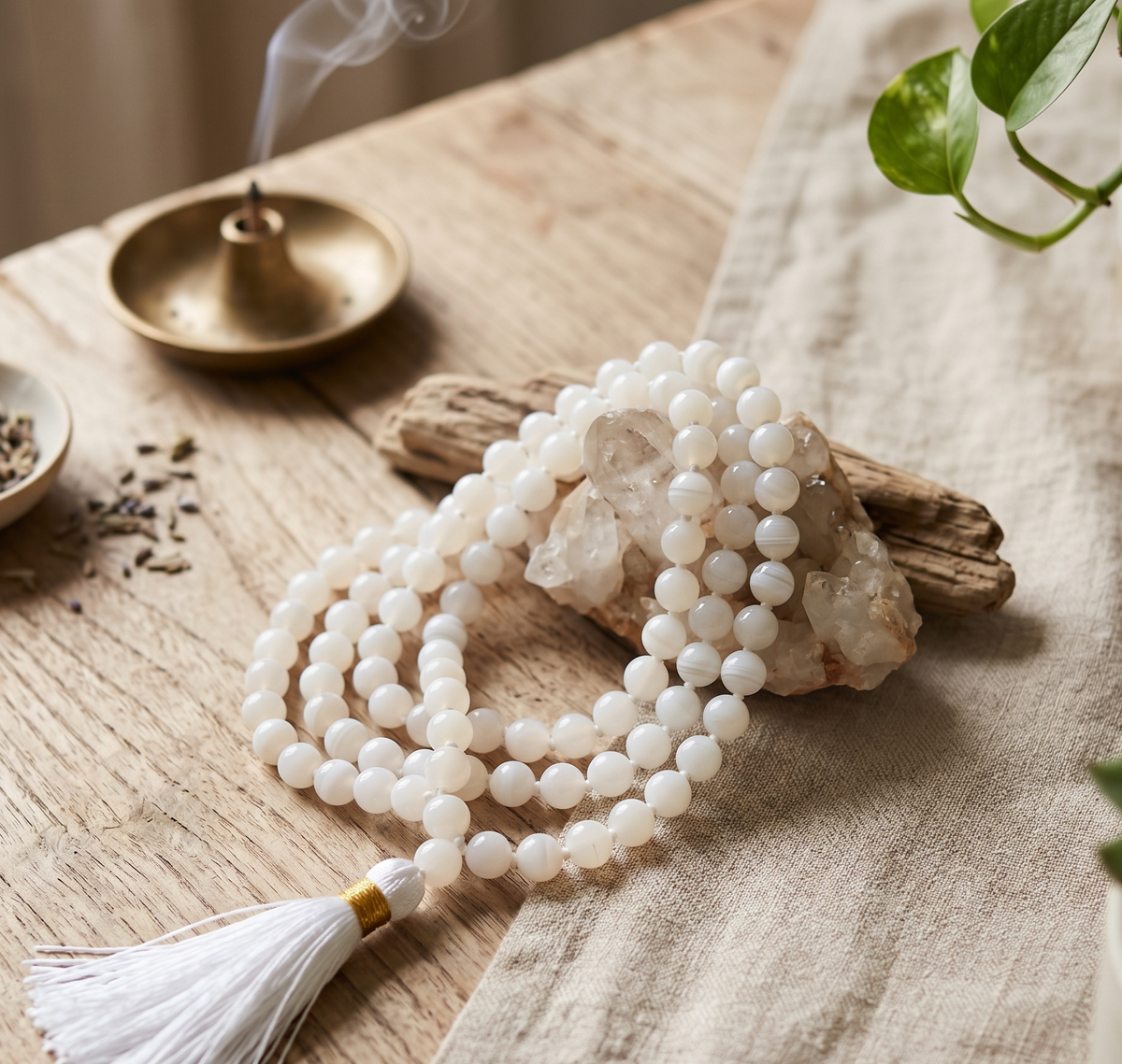 White Agate - Hakik stone Mala for Chandra - Moon