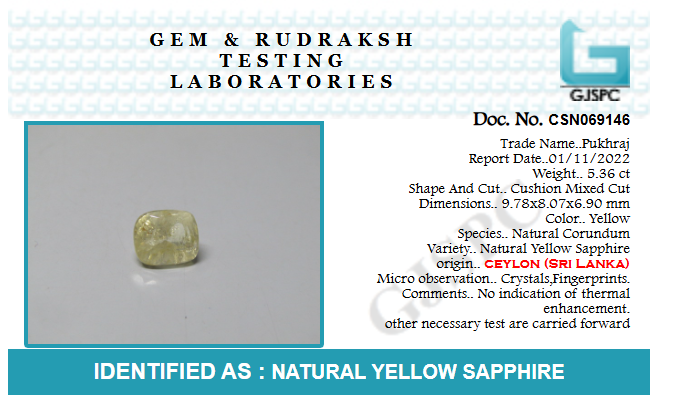 Yellow Sapphire (PUKHRAJ) Stone Ceylon 5.4 carats