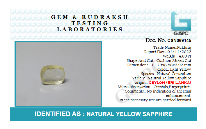 Yellow Sapphire (PUKHRAJ) Stone Ceylon 4.6 carats