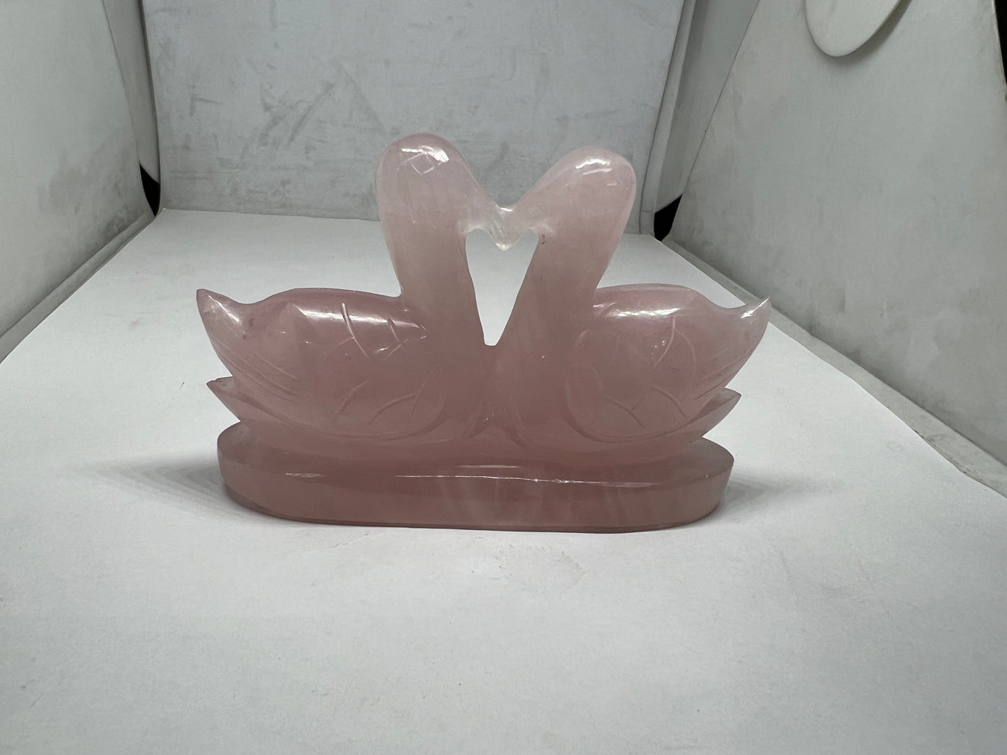 Natural Rose Quartz Mandarin love bird duck swan pair stone statue
