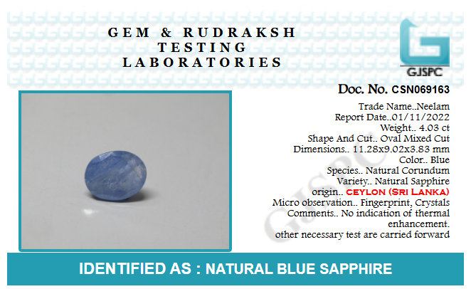 Certified Blue Sapphire (Neelam) stone Ceylon Untreated 4 Carats