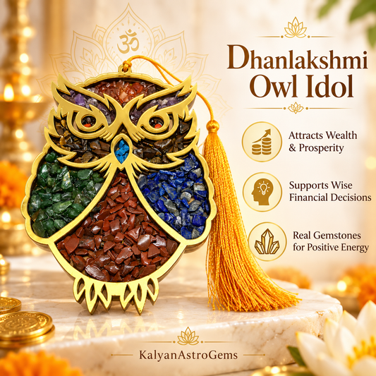 Dhanlakshmi Owl Idol with gemstones - traditional wealth, wisdom and positive energy symbolism | KalyanAstroGems