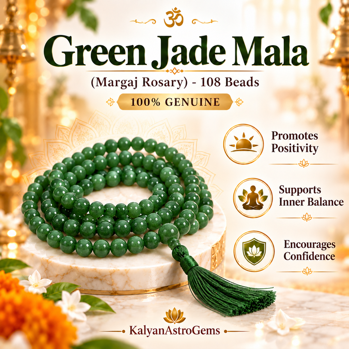 Green Jade Mala deeper green beads – positivity, inner balance and confidence | KalyanAstroGems