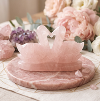 Natural Rose Quartz Mandarin love bird duck swan pair stone statue