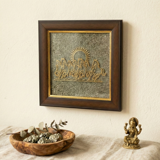 Pyrite plate with 7 horses and rising sun for positive energy, growth & wealth