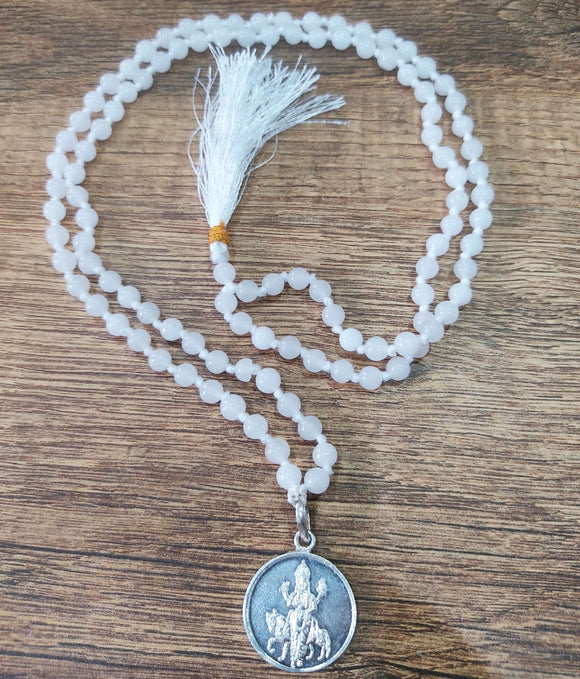 White Agate - Hakik Mala with Silver Shukra pendant